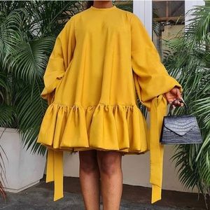 Yellow Loose Fitting Solid Puff Sleeve Long Sleeve Shirt Dress